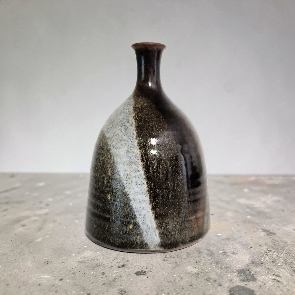 Vintage Artist Signed Studio Pottery Modernist Bud Vase Brown Gray 7 Inches